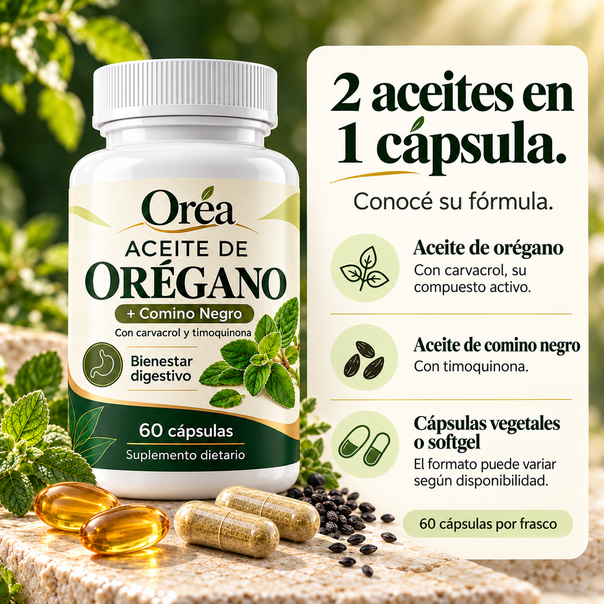 Oréa · Aceite de Orégano + Comino Negro · 60 cápsulas