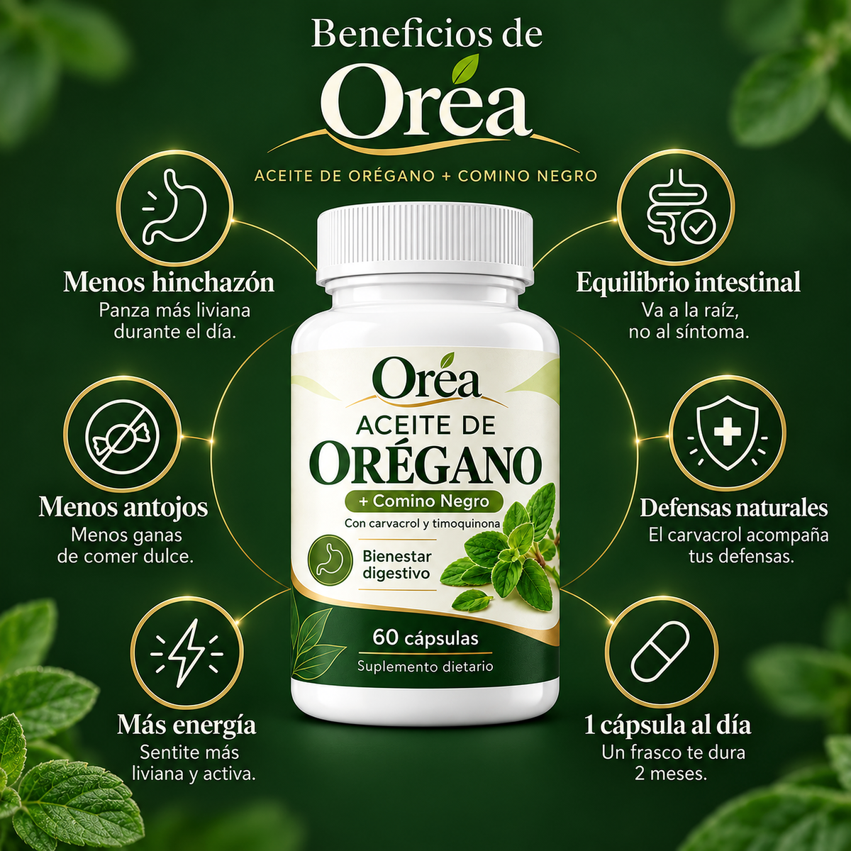 Oréa · Aceite de Orégano + Comino Negro · 60 cápsulas