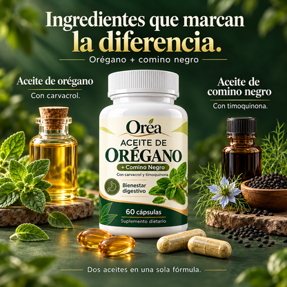 Oréa · Aceite de Orégano + Comino Negro · 60 cápsulas