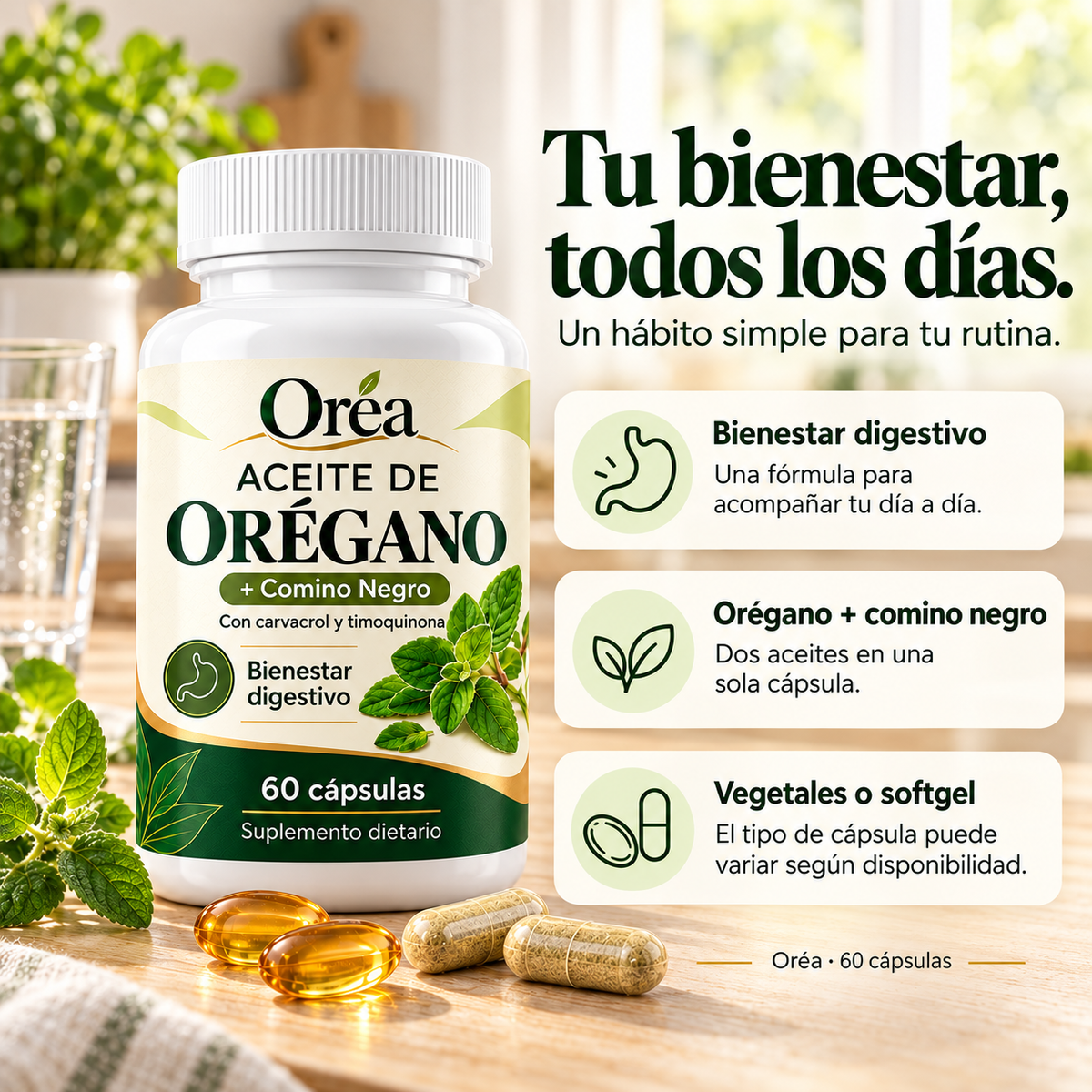 Oréa · Aceite de Orégano + Comino Negro · 60 cápsulas