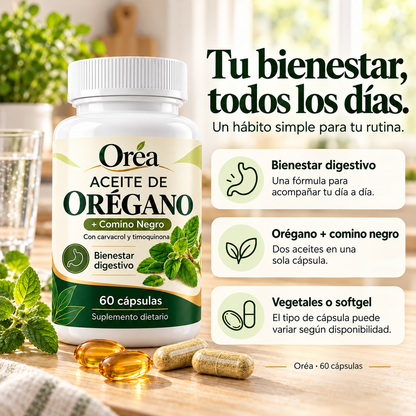 Oréa · Aceite de Orégano + Comino Negro · 60 cápsulas